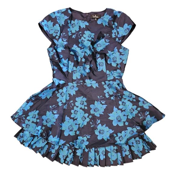 Lulus Satin Mini Dress Navy Blue Teal Pleated Floral Fit n Flare Sz M NWT Formal - Picture 2 of 11